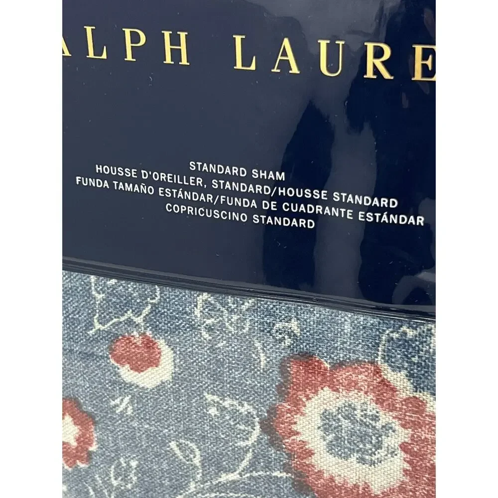 Ralph Lauren Indigo Traveler Standard Pillow Sham Blue Floral Denim Red Pink NIP